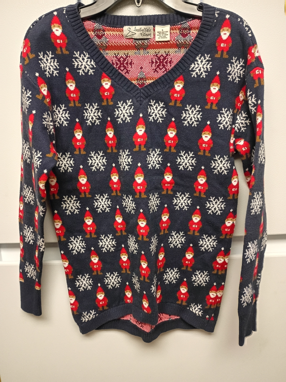 Navy V-Neck Holiday Gnome Sweater